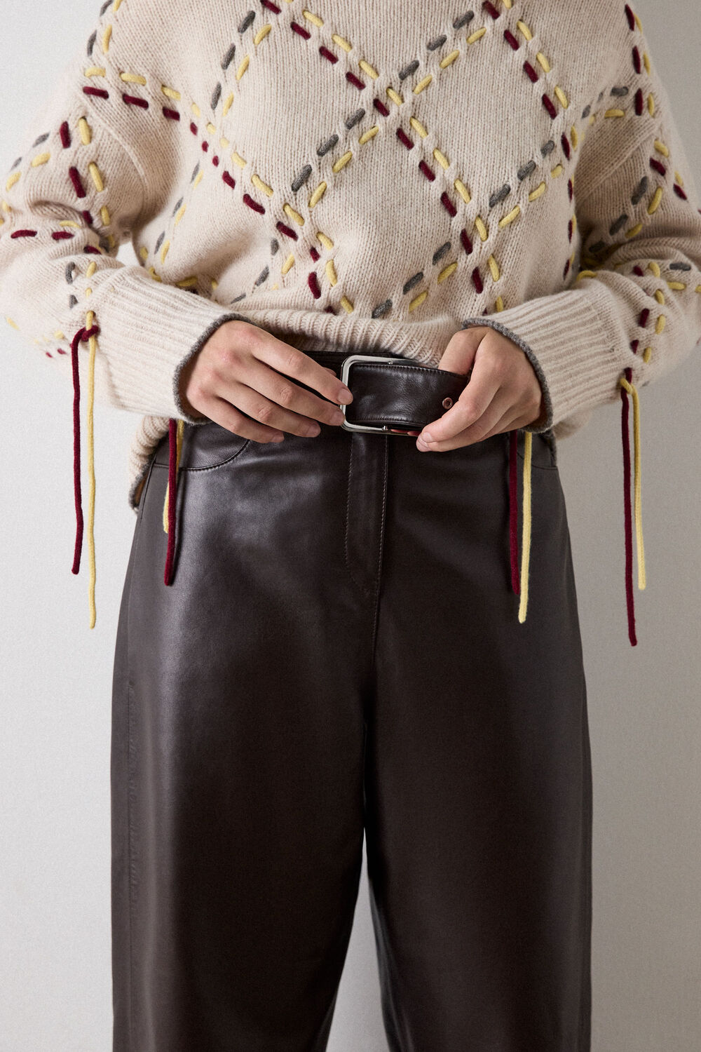 Brown Belted Leather Barrel Trouser