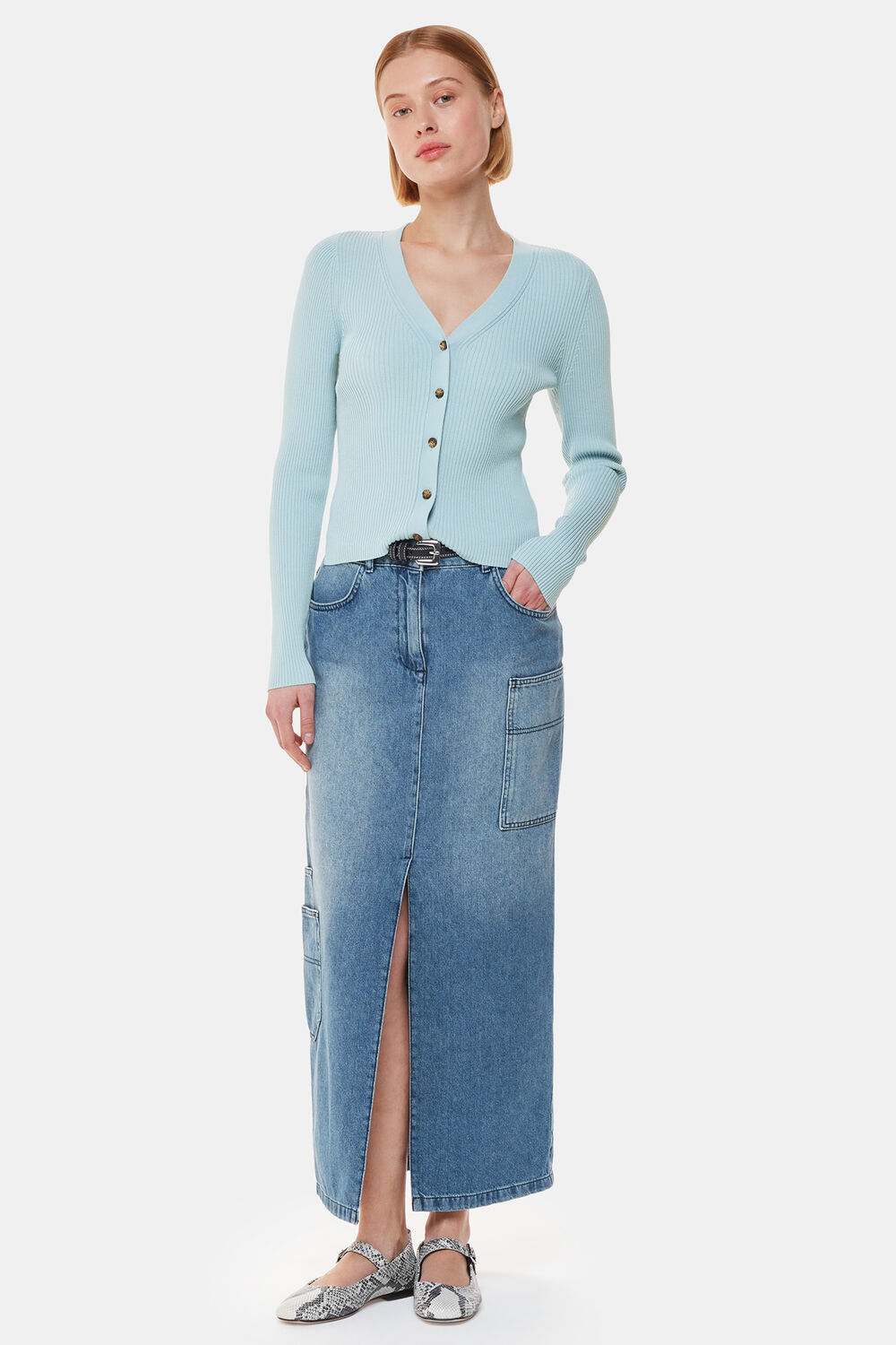 Blue Ribbed V neck Cardigan