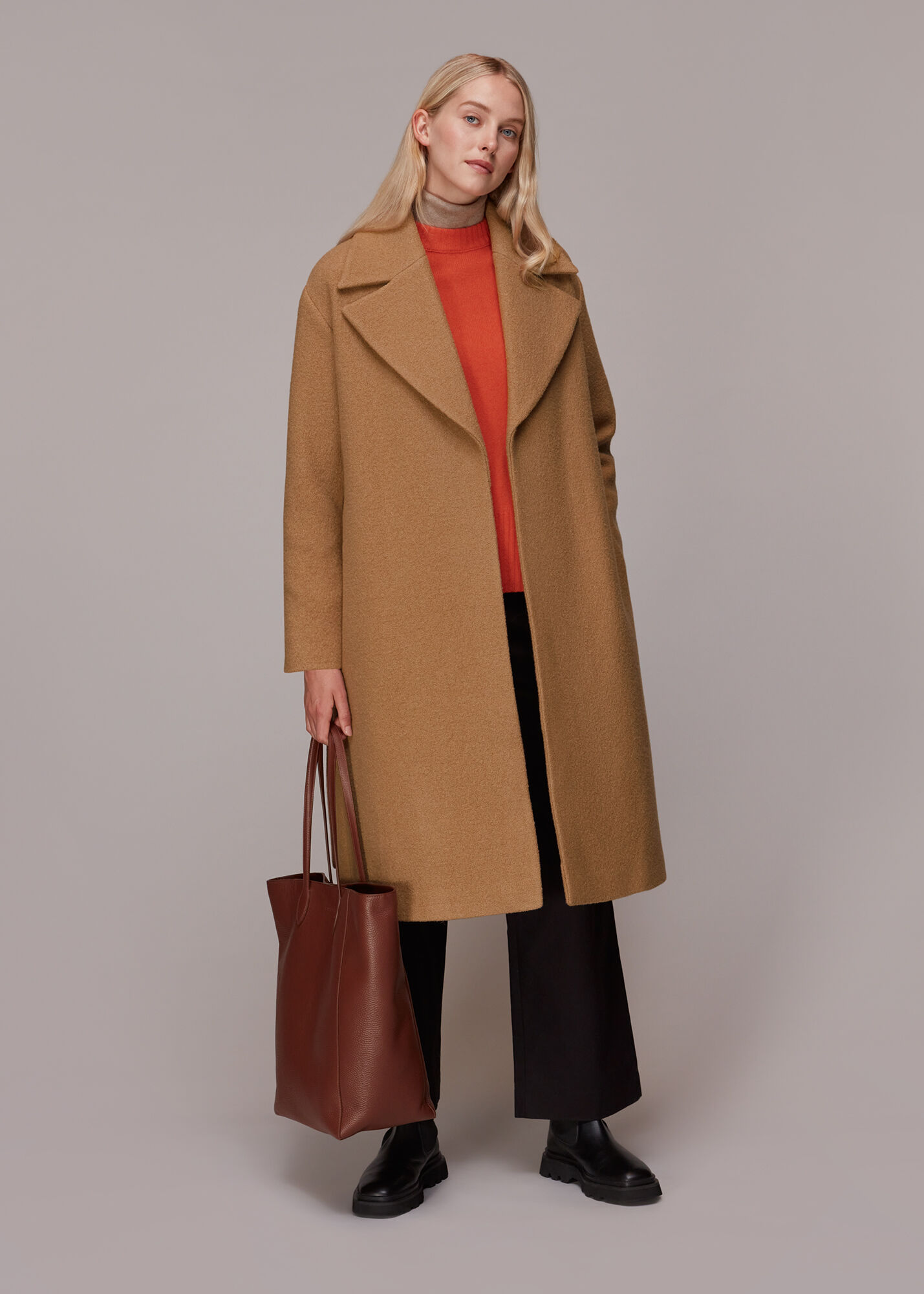 Camel Wool Belted Wrap Coat with Tie Waist Whistles