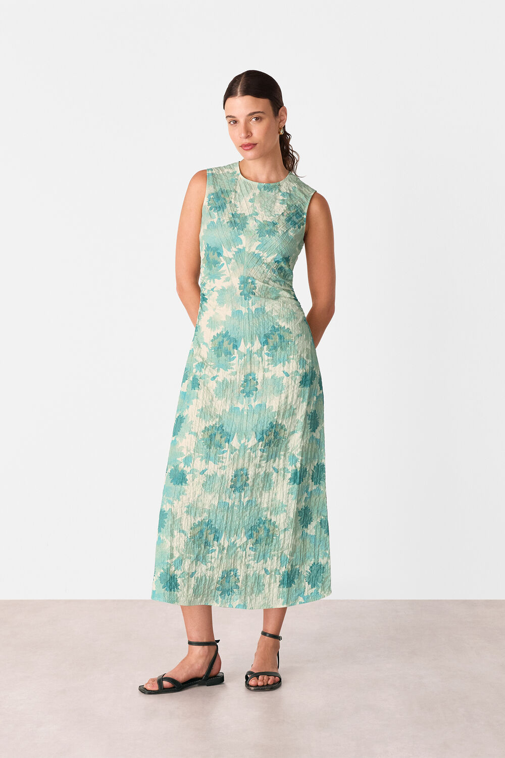 Blue Floral Textured Midi Dress