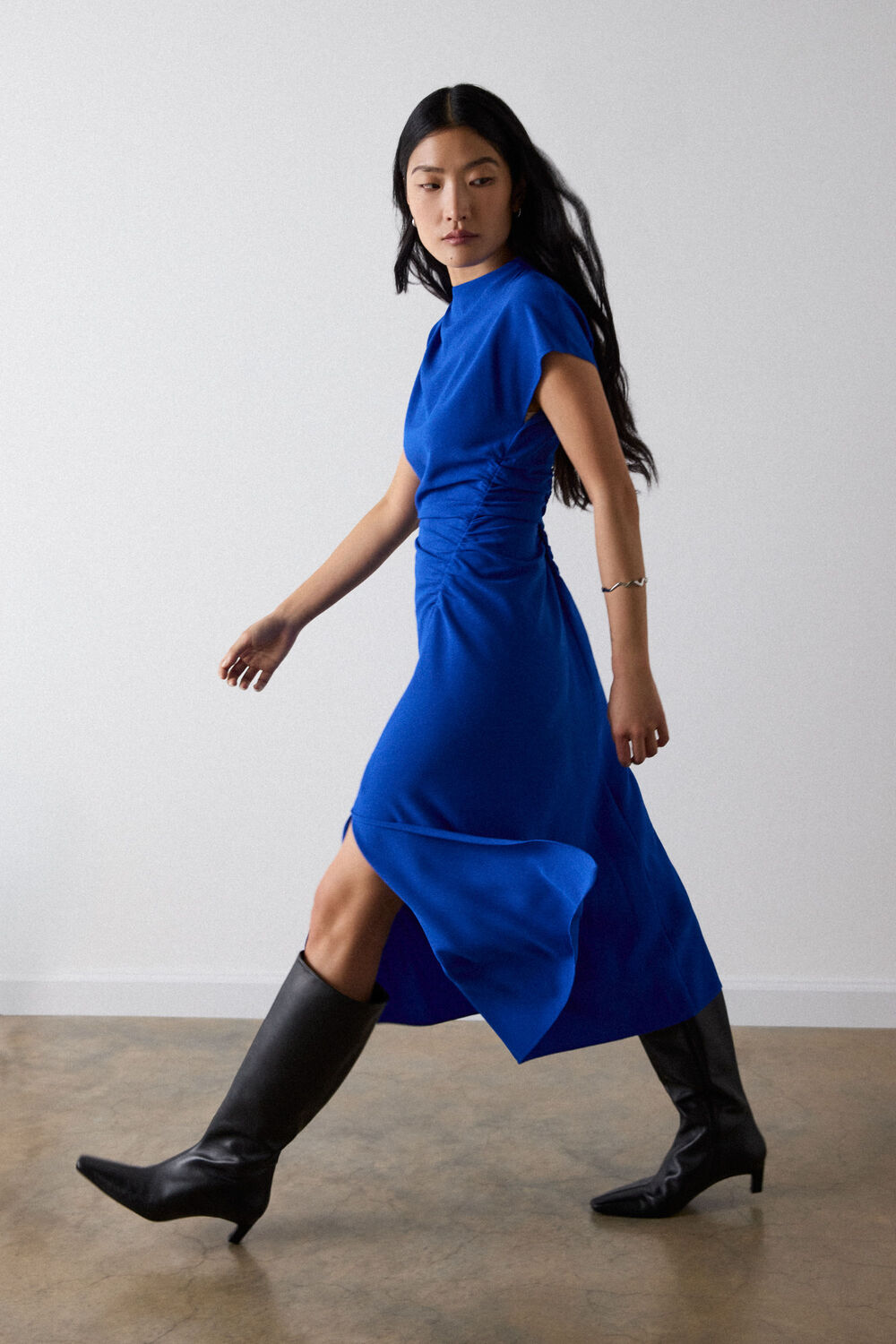 Blue Crepe Ruched Midi Dress