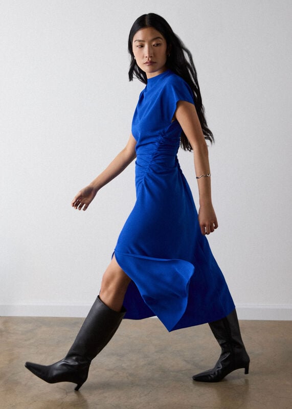 Blue Crepe Ruched Midi Dress