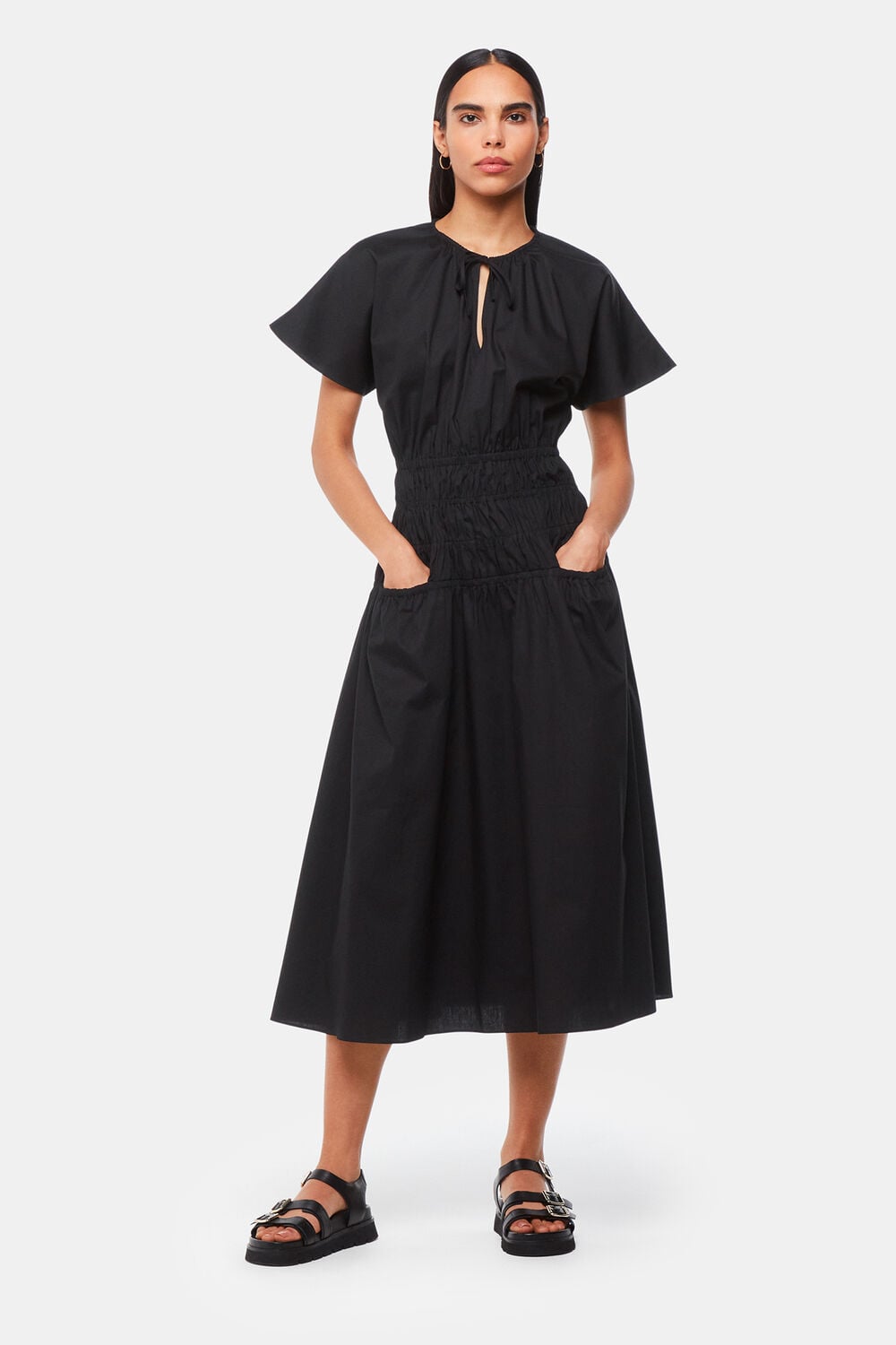 Black Poplin Shirred Dress