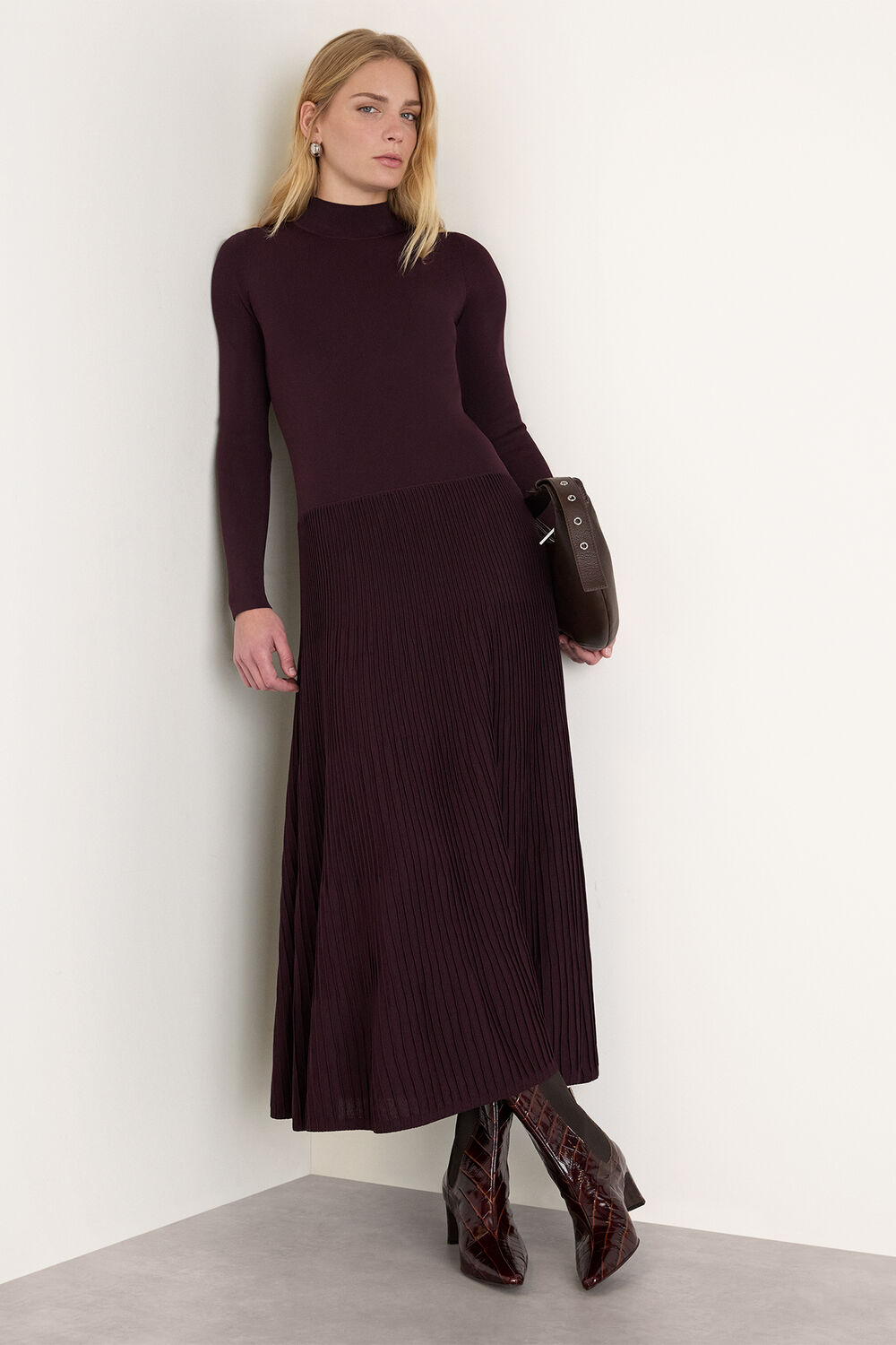 Plum Funnel Neck Pleated Knit Dress