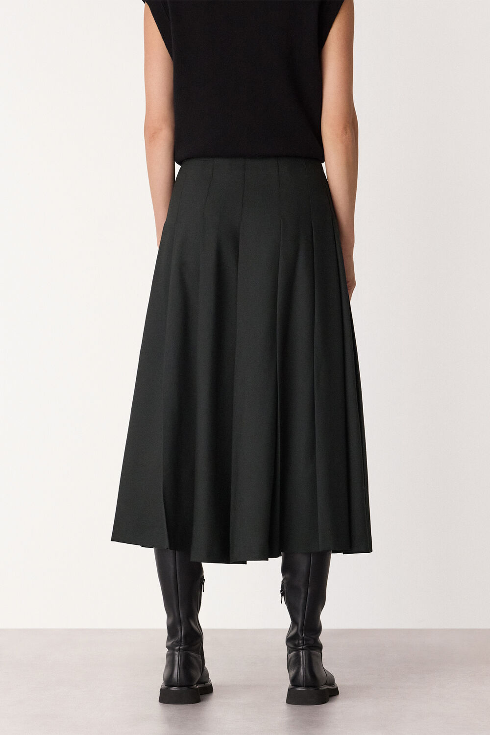 Black Wool Blend Pleated Kilt Skirt