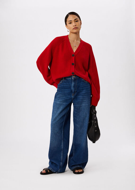 Red Petite V Neck Cotton Cardigan