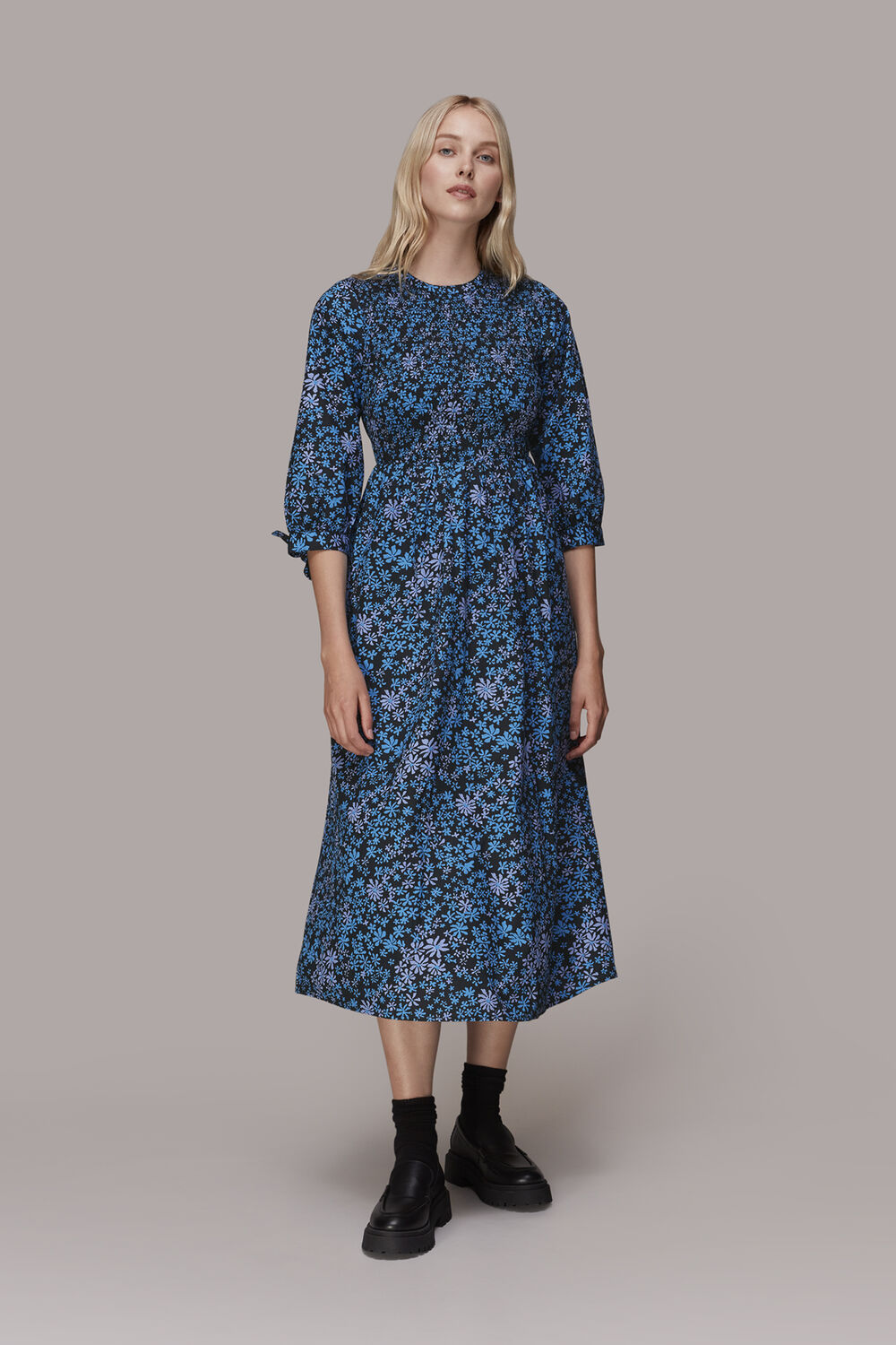Blue Boho Floral Shirred Dress