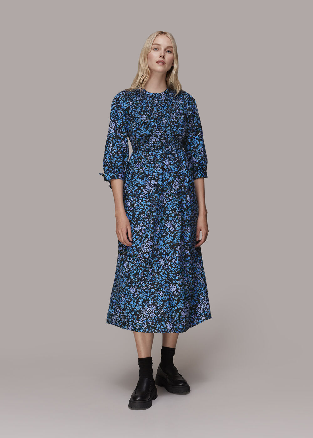 boho shirred dress AX Paris Women's Blue Boho Floral Print Tie Racer Neck Shirred Waist Midi Dress