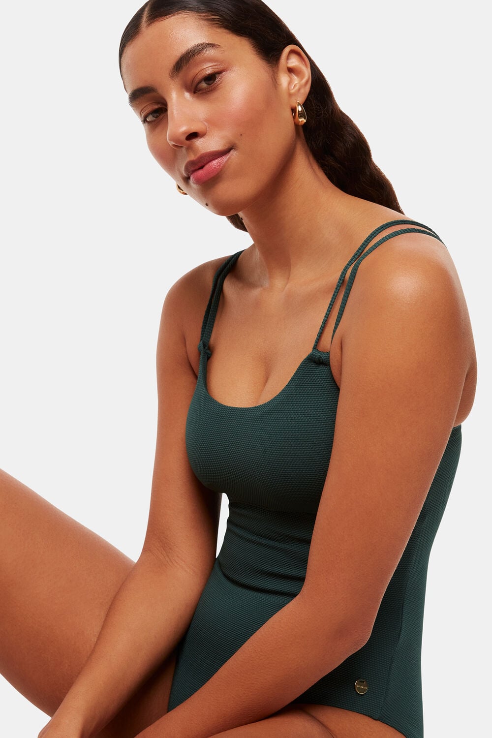 Dark Green Double Strap Textured Swimsuit