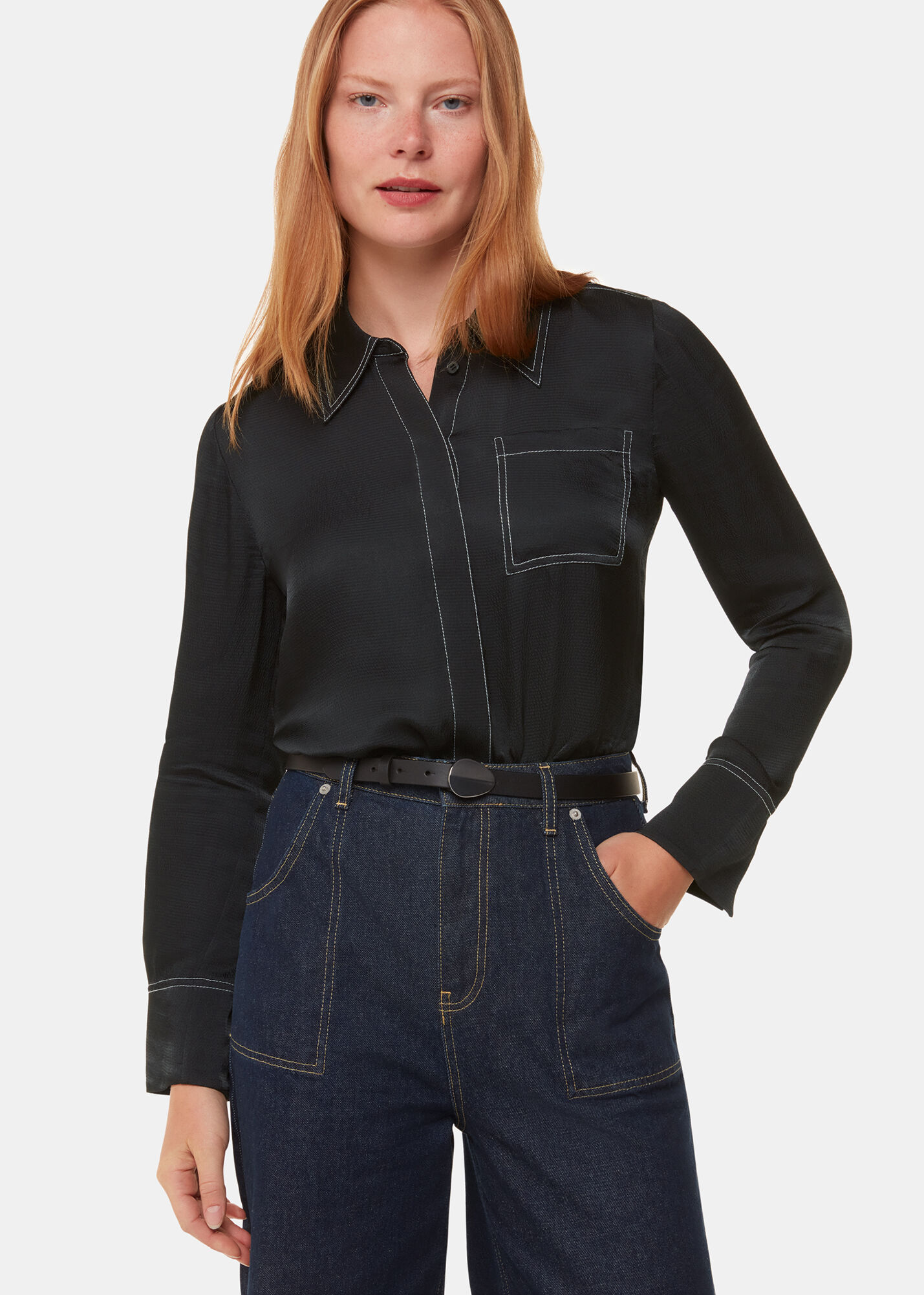 Black Top Stitch Detail Shirt | WHISTLES | Whistles US |