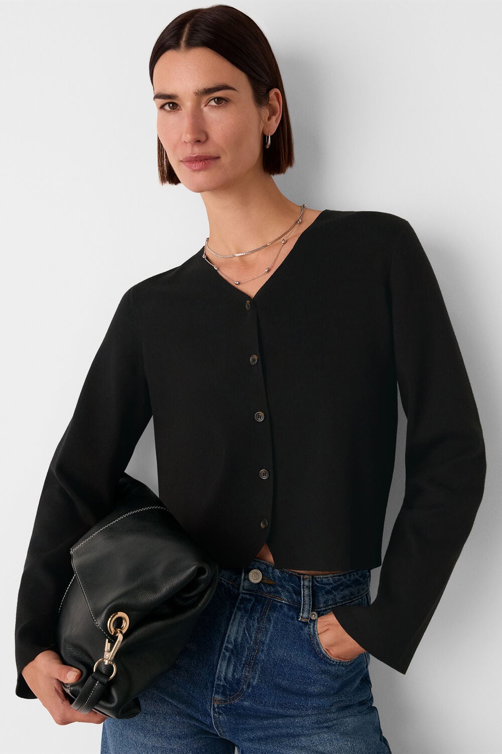 Black V Neck Button Front Cardigan