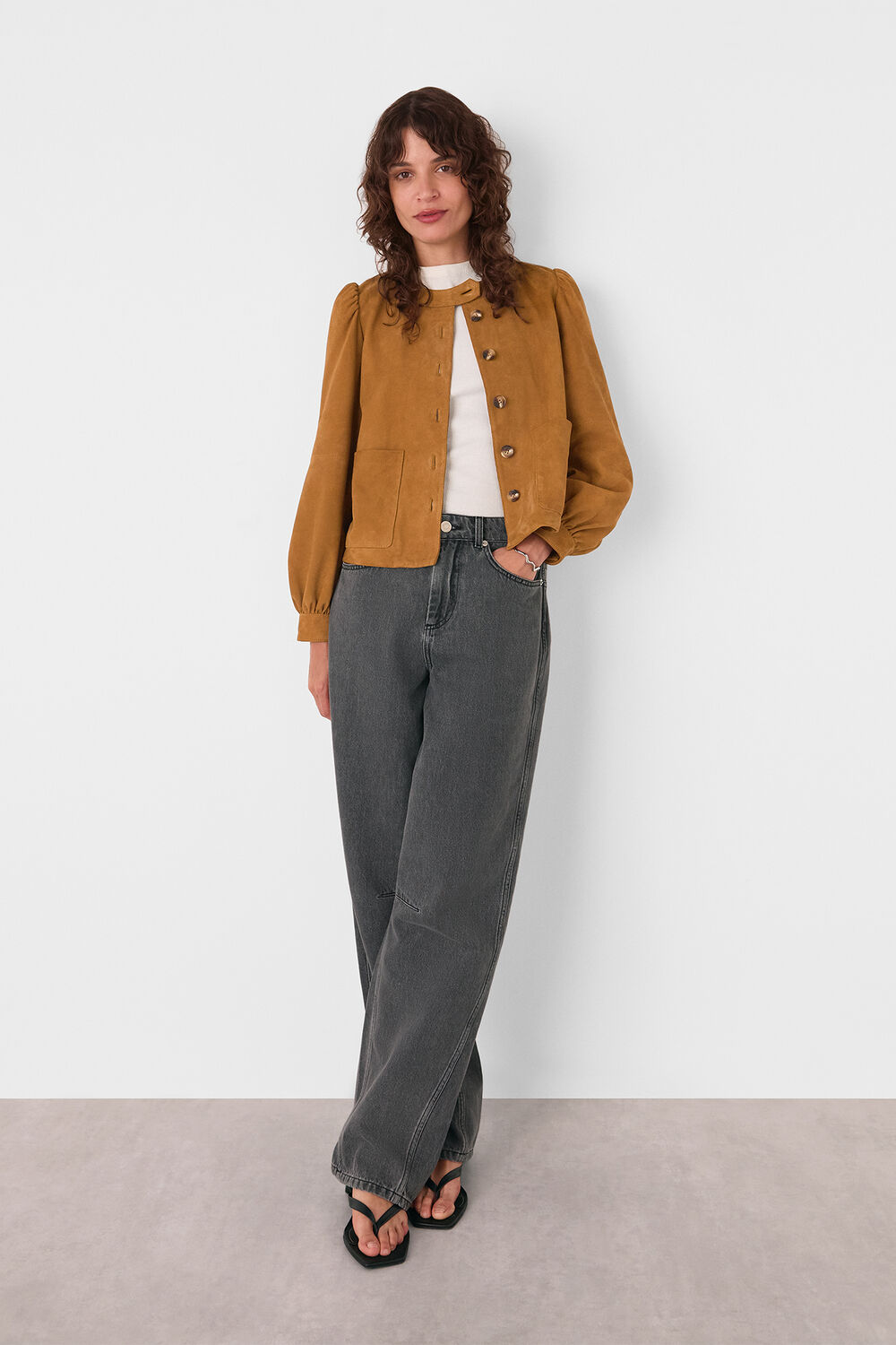 Camel Button Front Suede Jacket