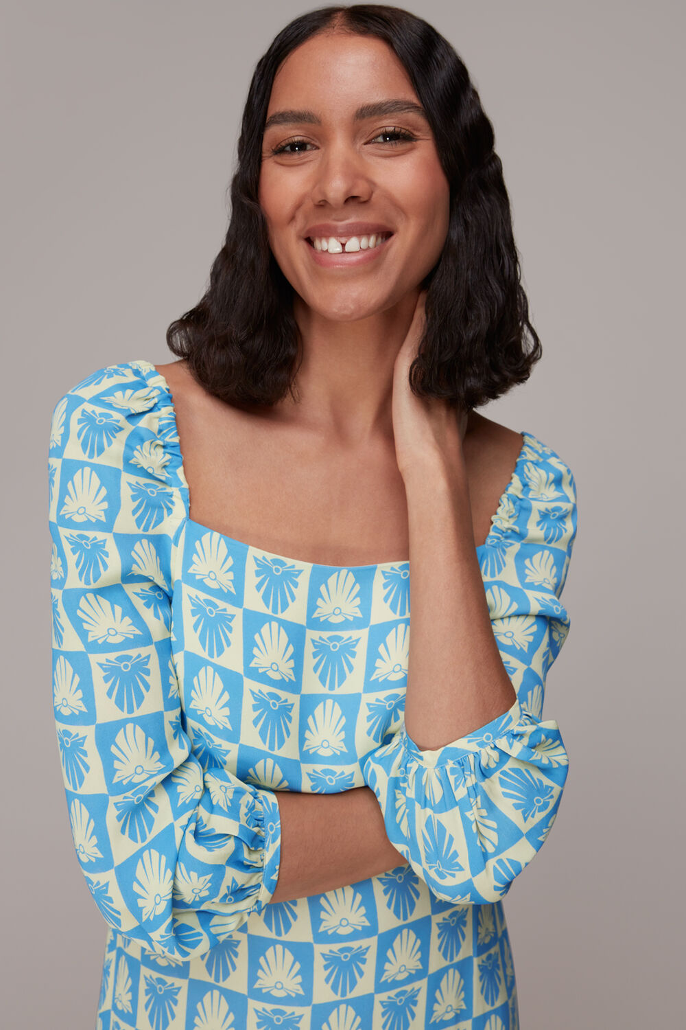 Blue Checkerboard Shells Midi Dress