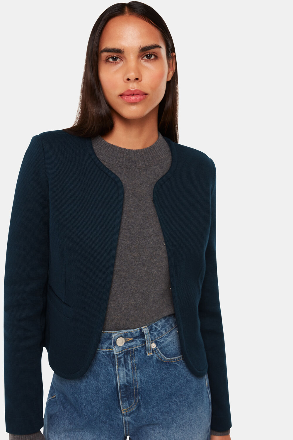 Navy Collarless Jersey Jacket