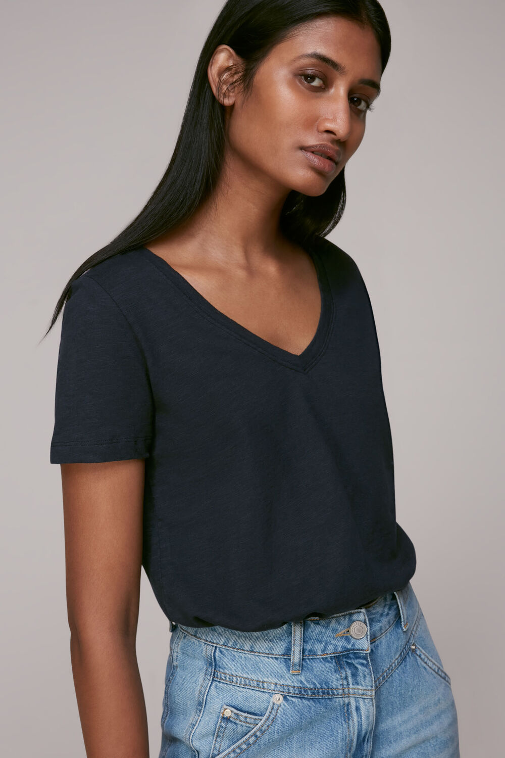 Navy Sophie V Neck Cotton Tshirt