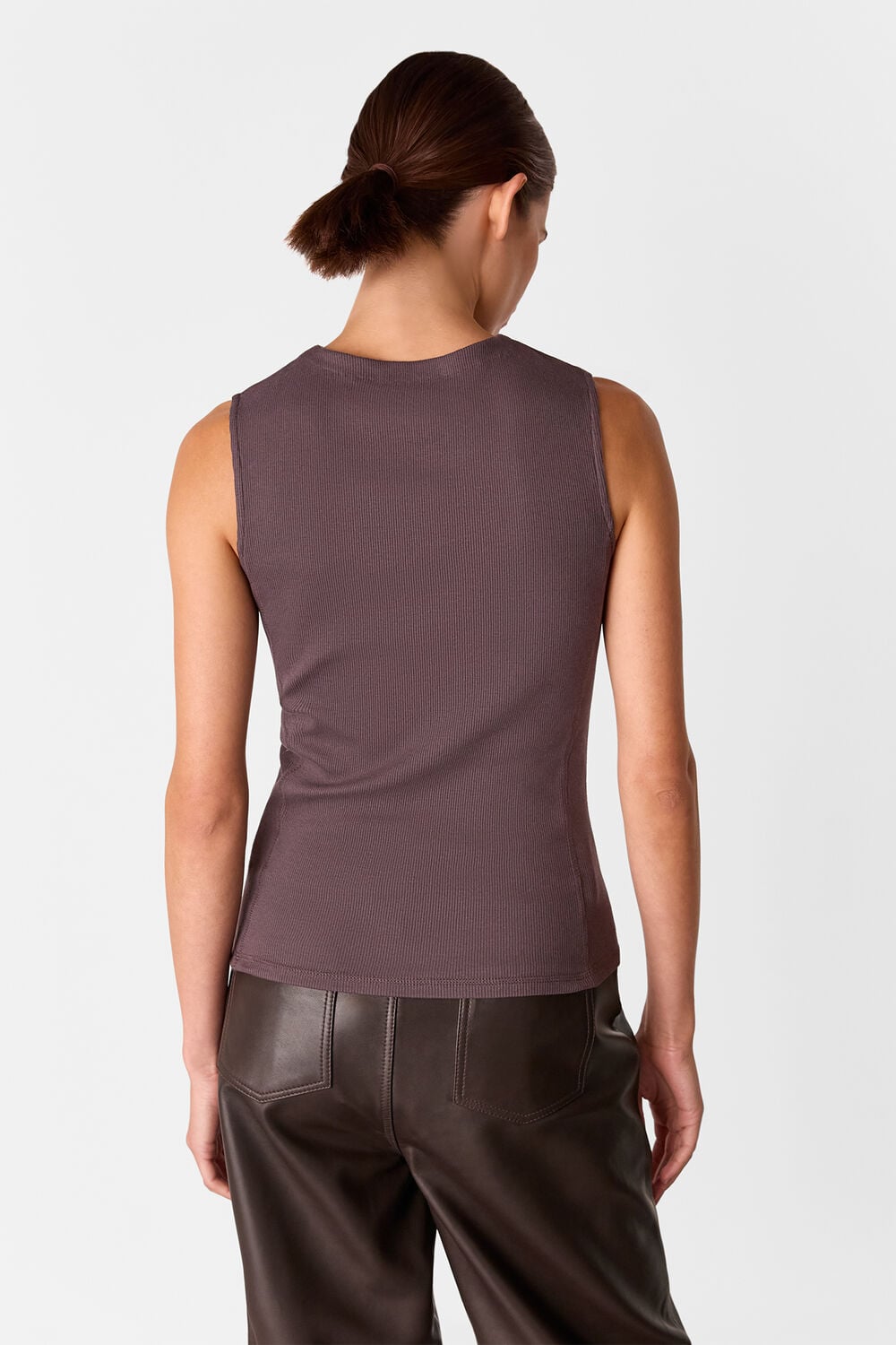 Brown High Neck Rib Detail Tee