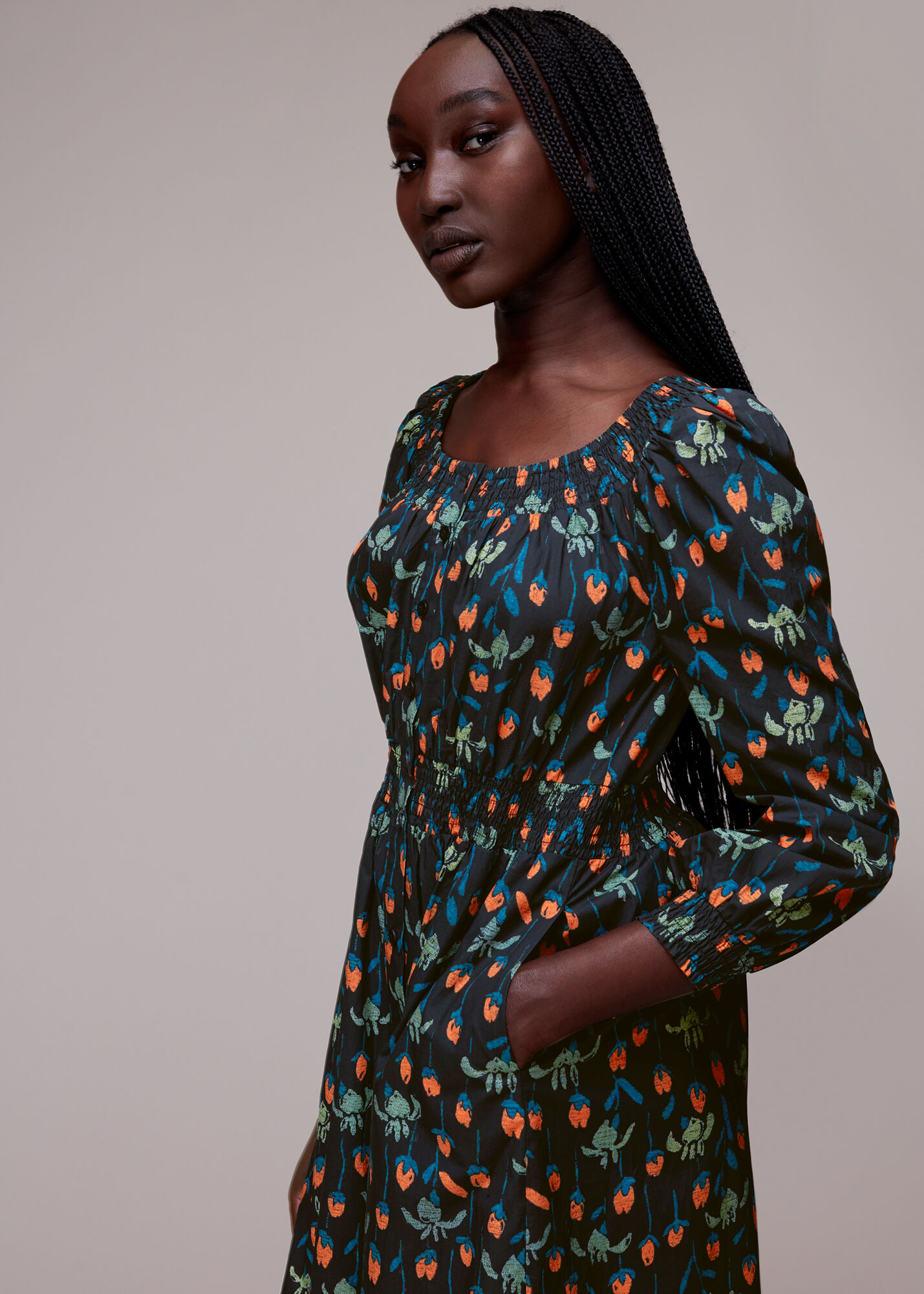 Black/Multi Tulips Print Poplin Midi Dress | WHISTLES | Whistles US |