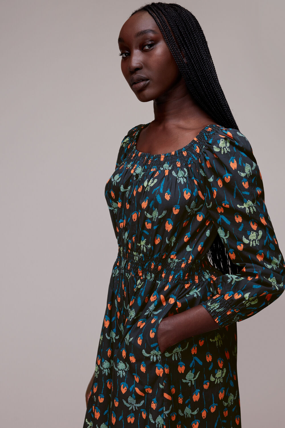 Black Tulips Print Poplin Midi Dress