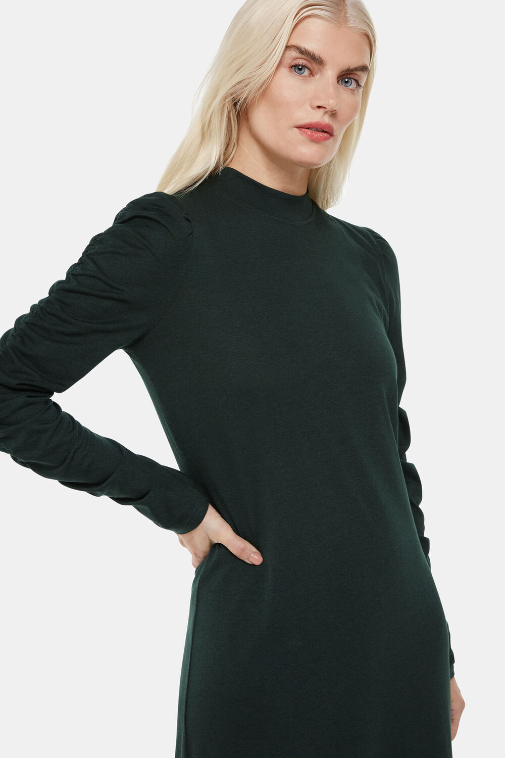 Dark Green Petite Ruched Sleeve Jersey Dress