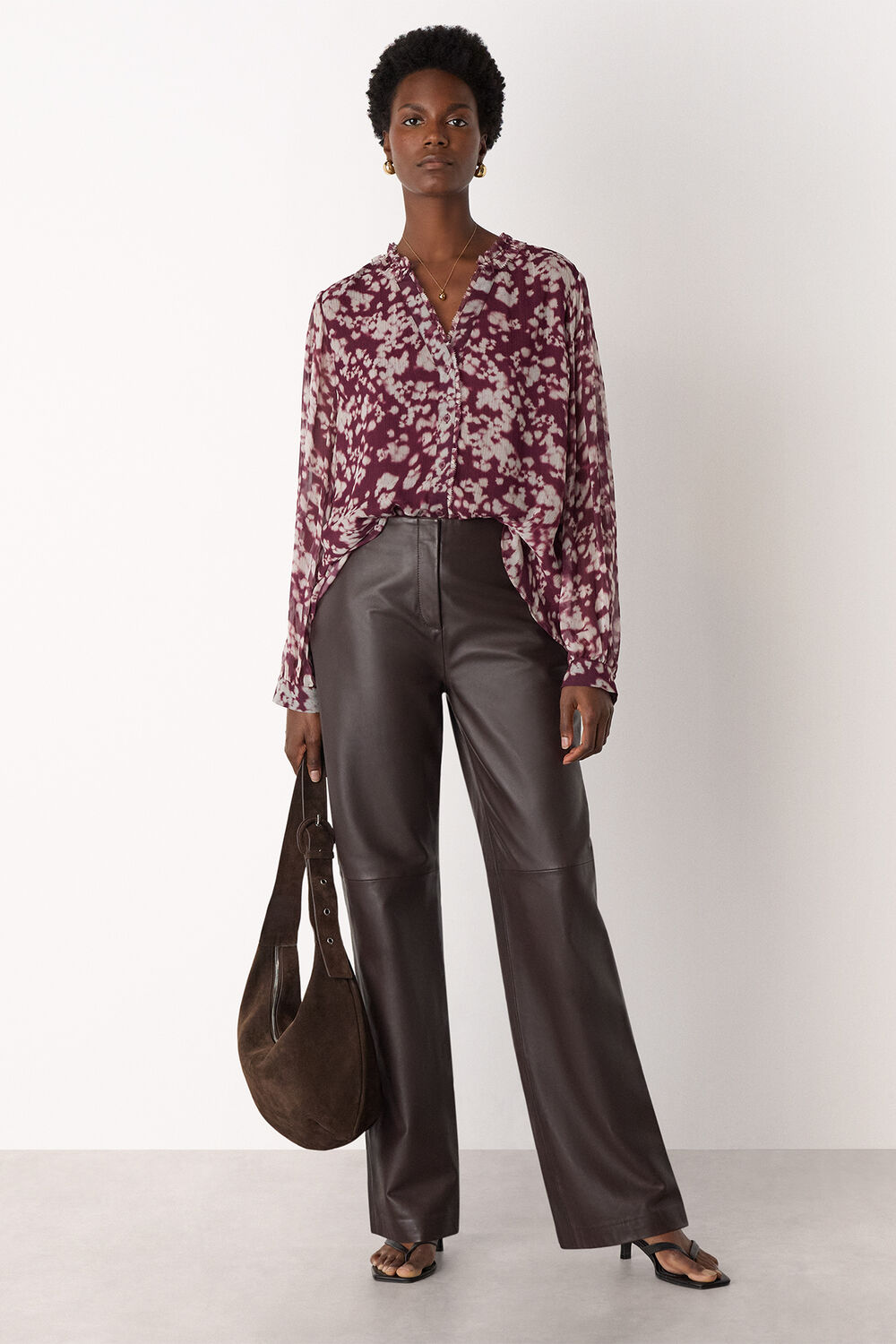 Burgundy Inky Floral Long Sleeve Blouse