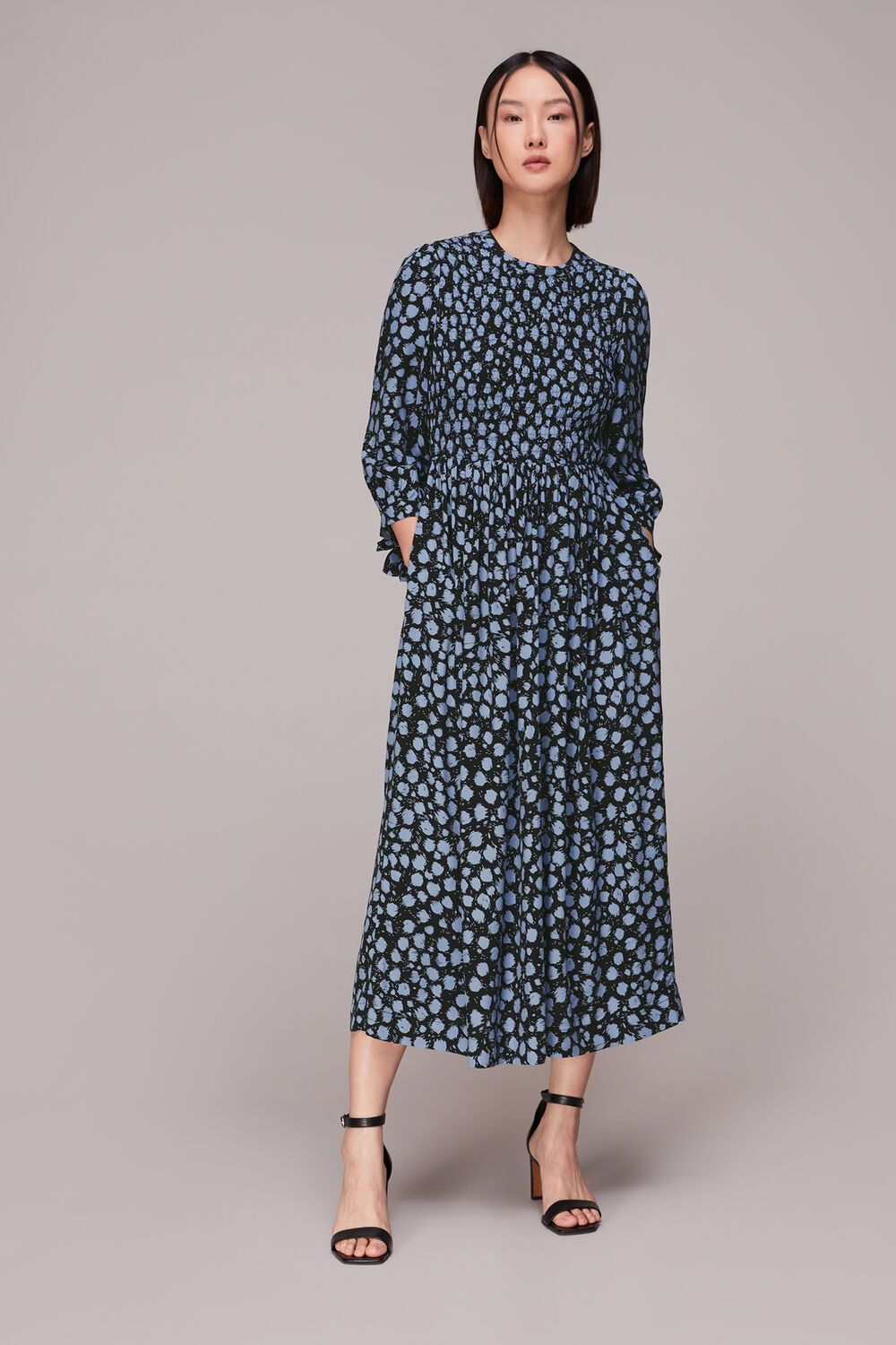 Blue Dalmatian Shirred Midi Dress