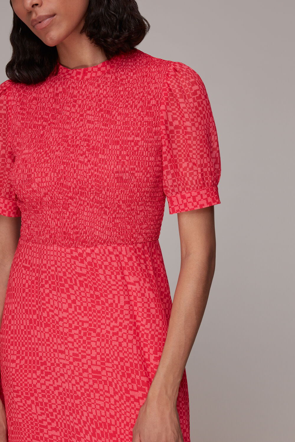 Shirred Checkerboard Dress