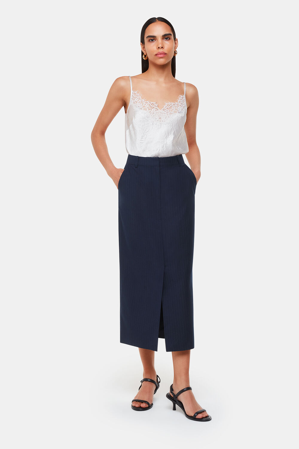 Navy Pinstripe Tailored Midi Skirt
