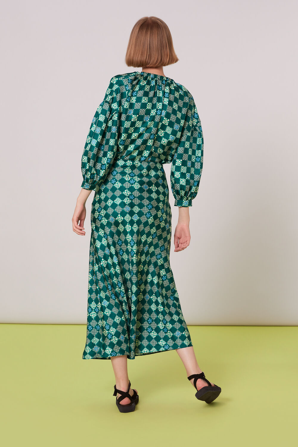 Green Silk Checkerboard Bias Skirt