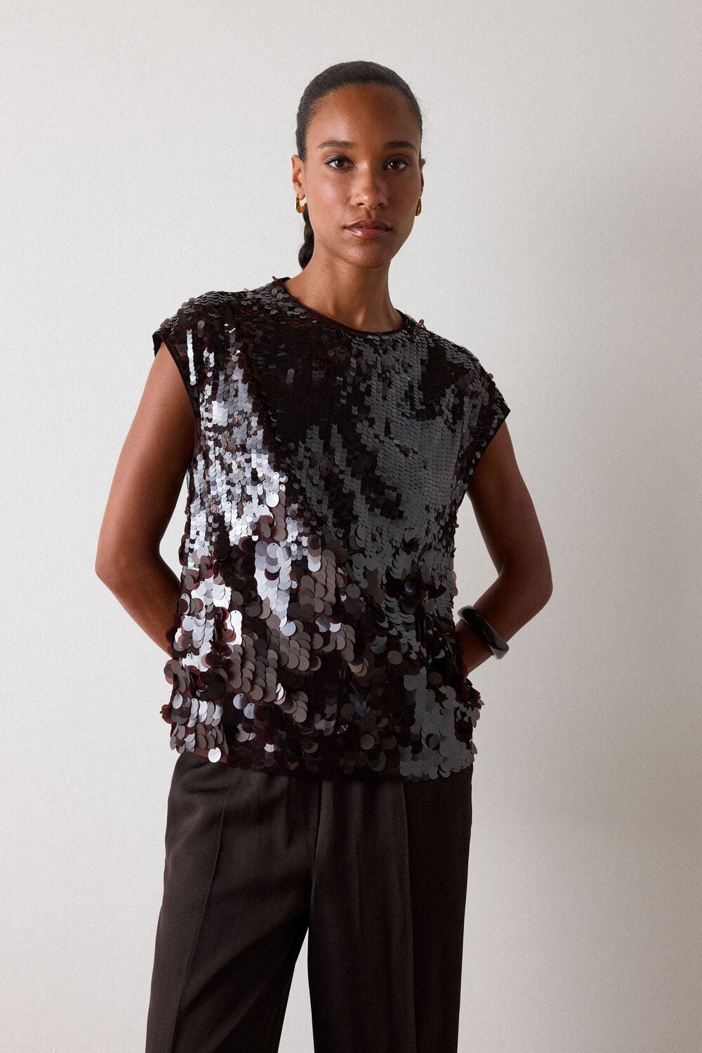 Chocolate Degrade Sequin Cap Sleeve Top