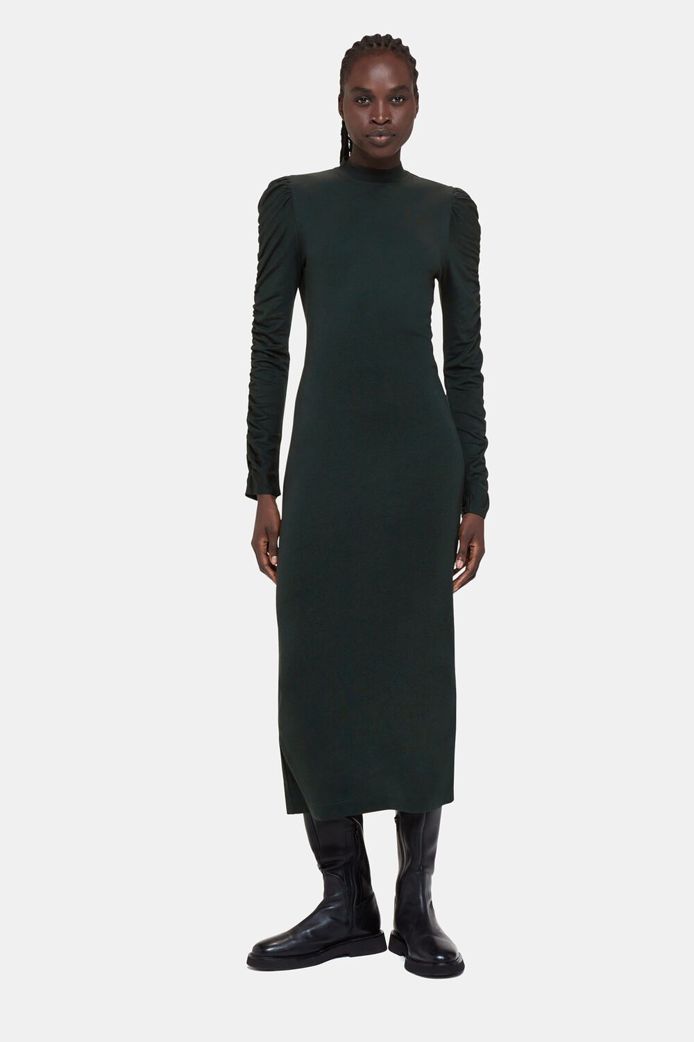 Dark Green Ruched Sleeve Jersey Dress