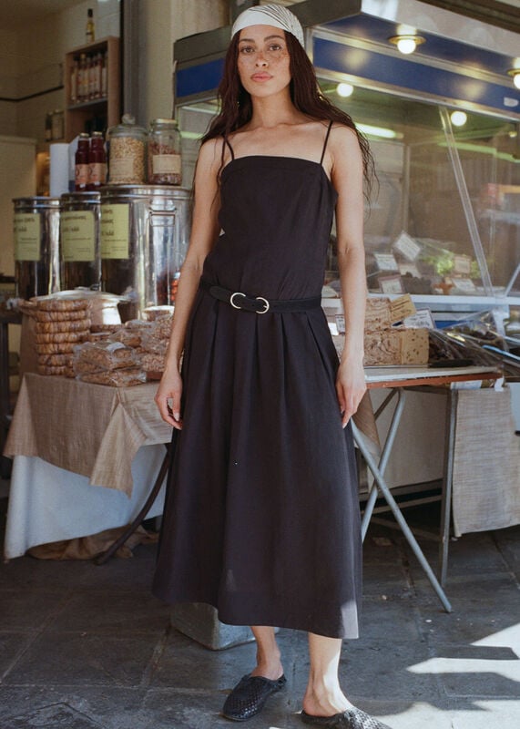 Black Linen Blend Waisted Midi Dress