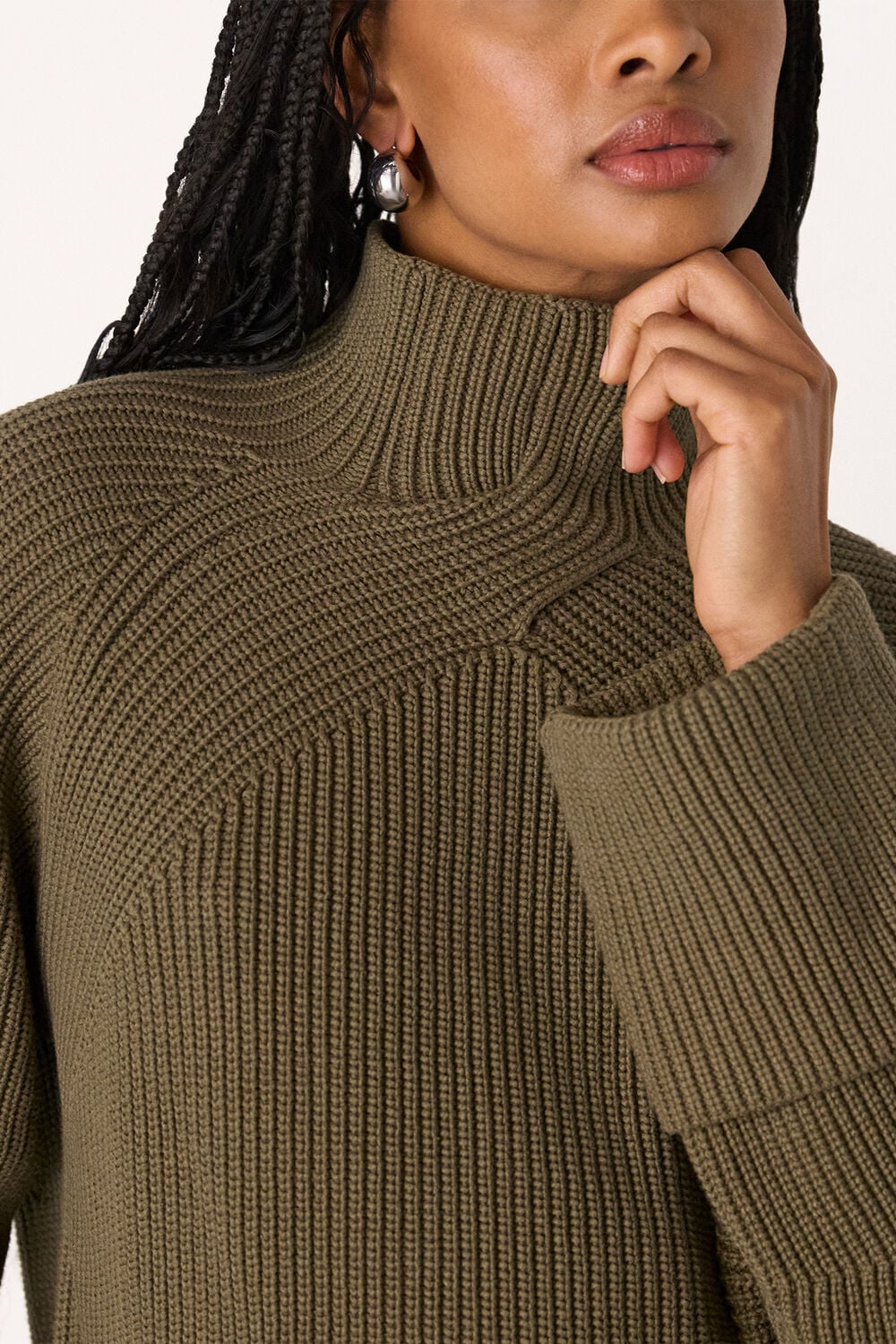 Khaki Rib Cable High Neck Jumper