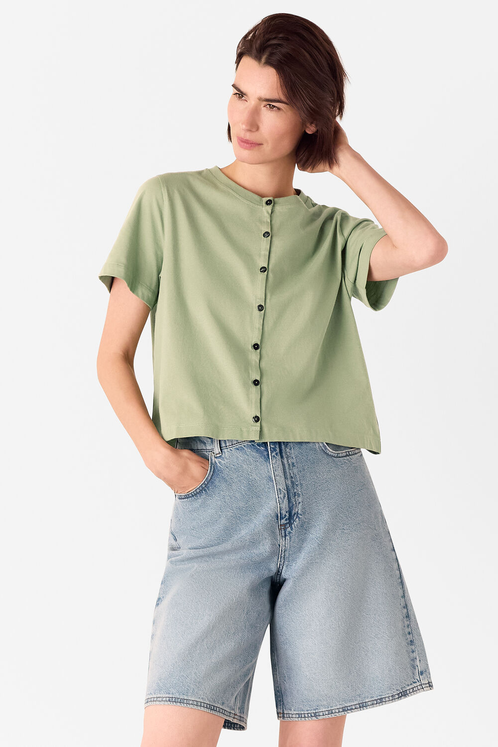 Sage Green Round Neck Button Up Tee