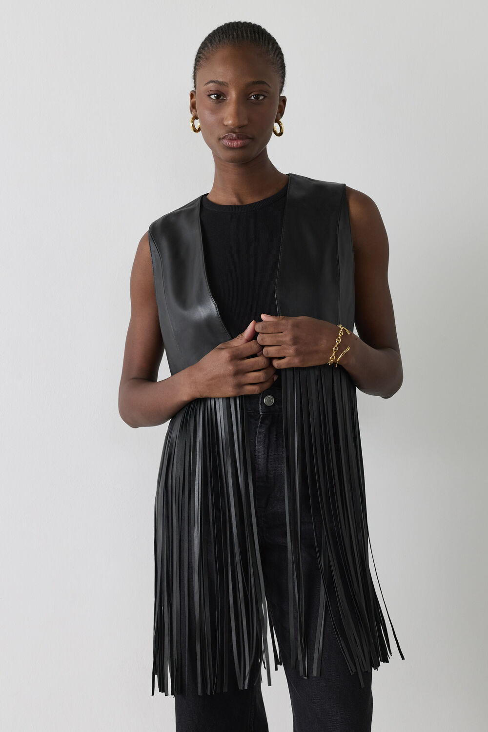 Black Rei Leather Fringed Waistcoat