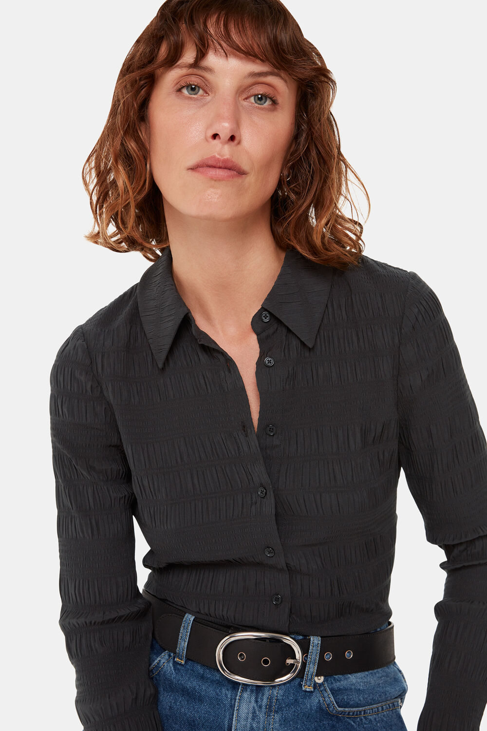 Black Plisse Button Front Shirt