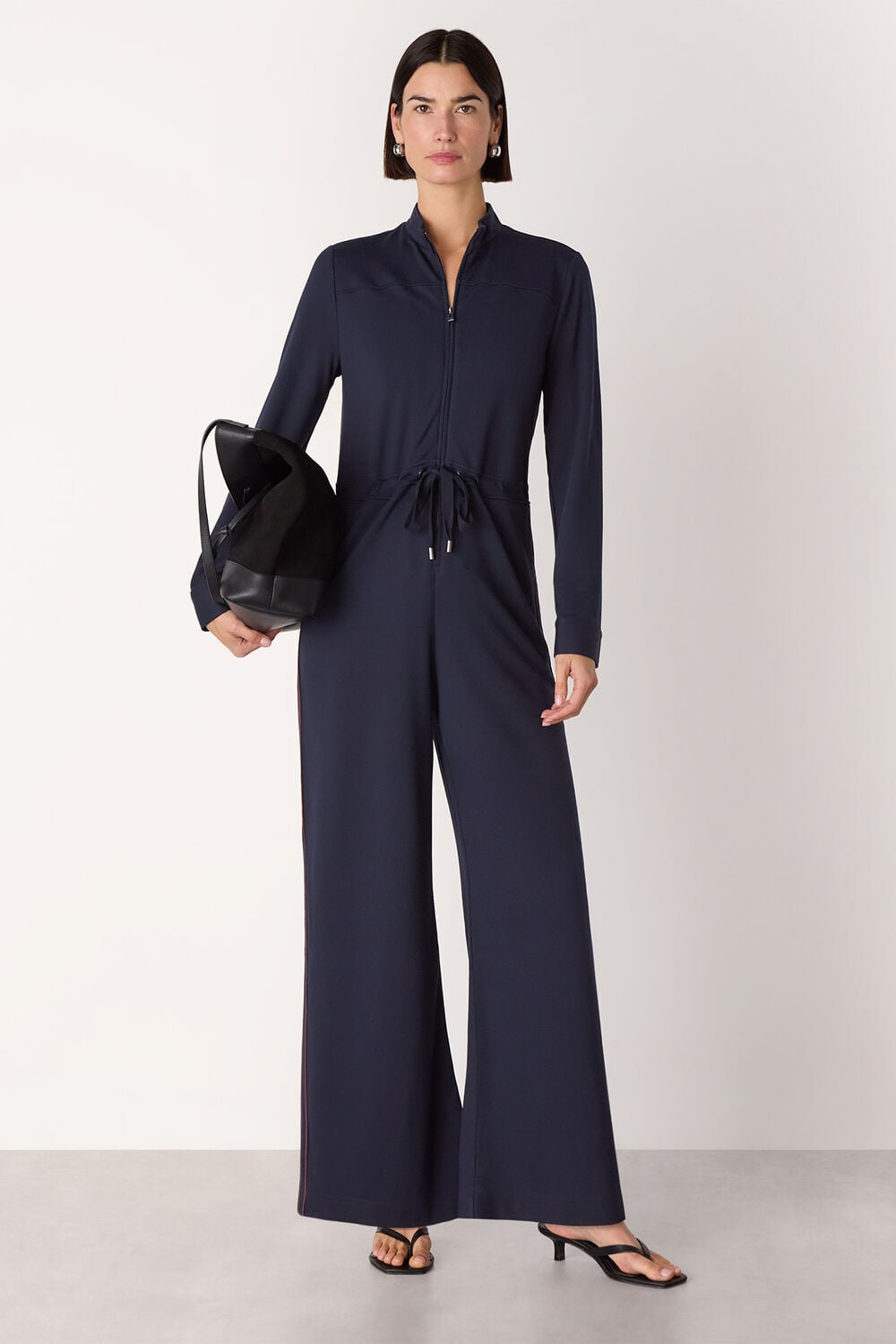 Navy Ponte Side Stripe Jumpsuit