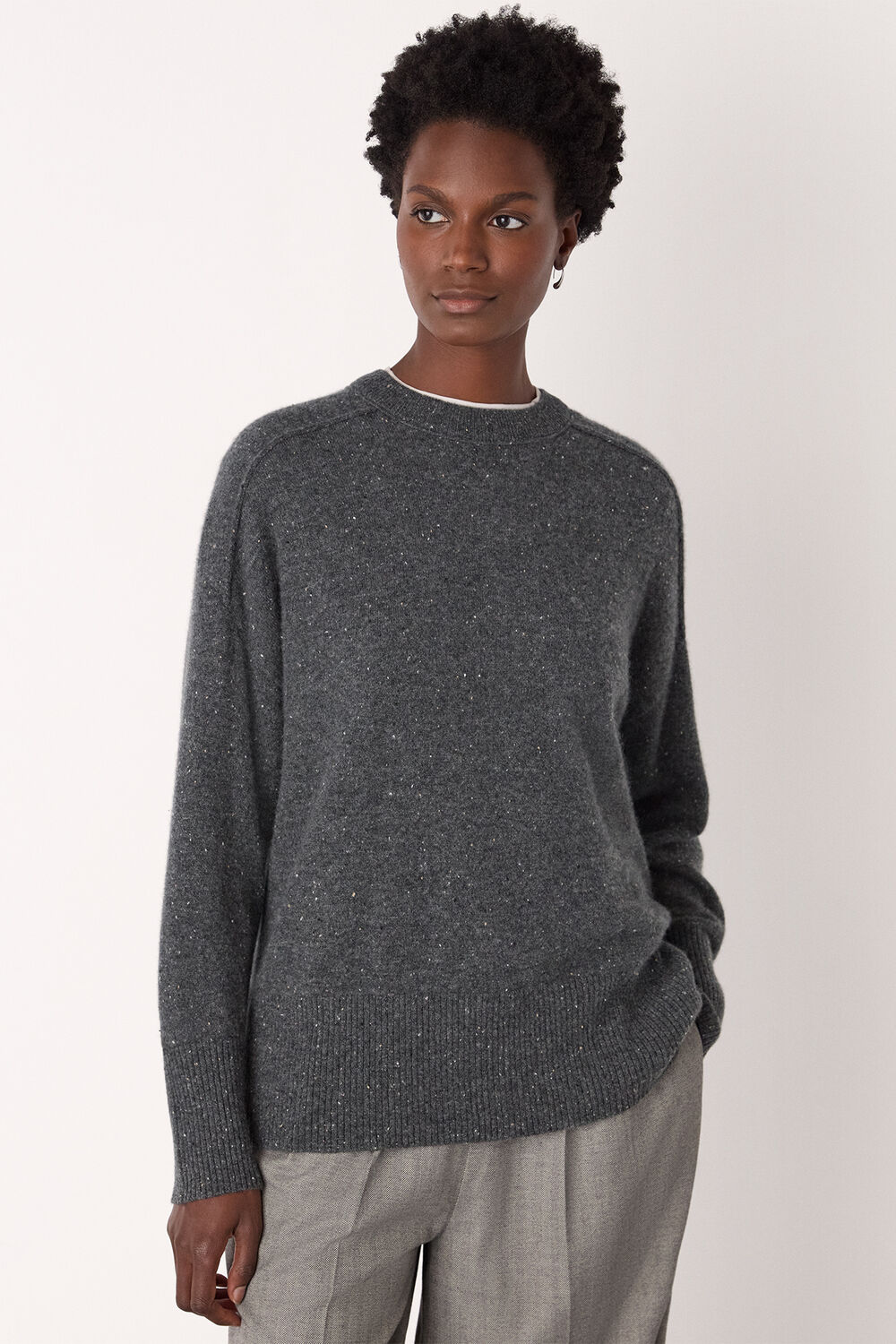 Dark Grey Cashmere Fleck Crew Neck Knit