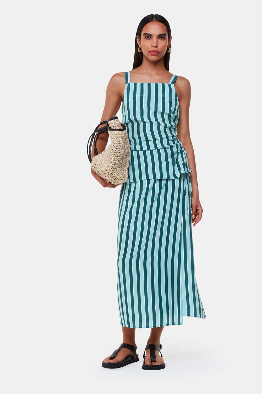 Teal Emily Tonal Stripe Midi Skirt