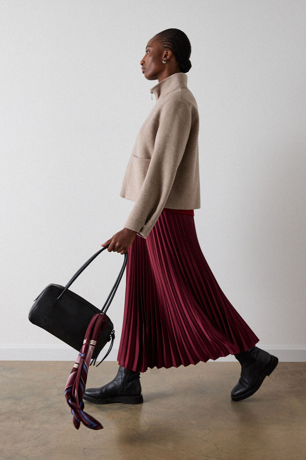 Burgundy Satin Pleated Midi Skirt