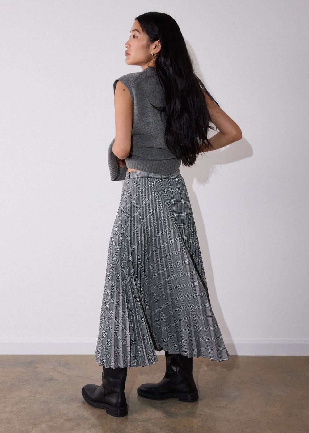 Check Pleated Midi Skirt