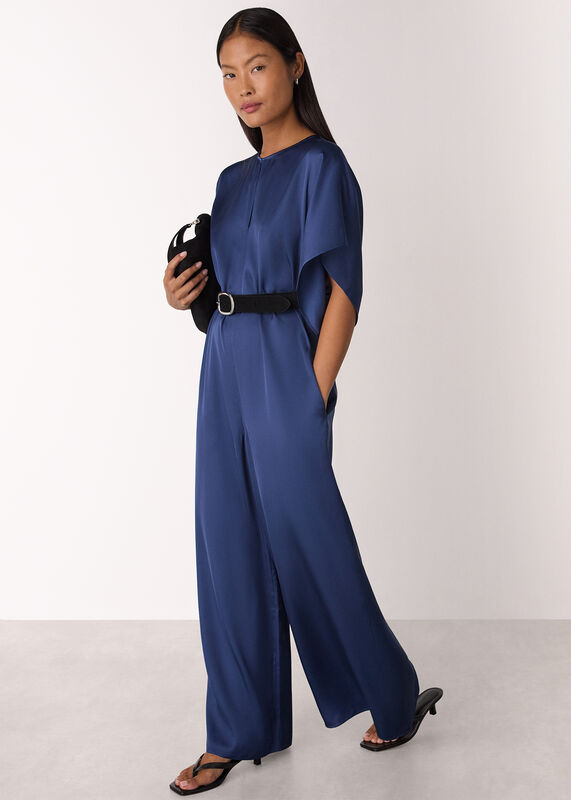 Navy Petite Satin Short Sleeve Jumpsuit