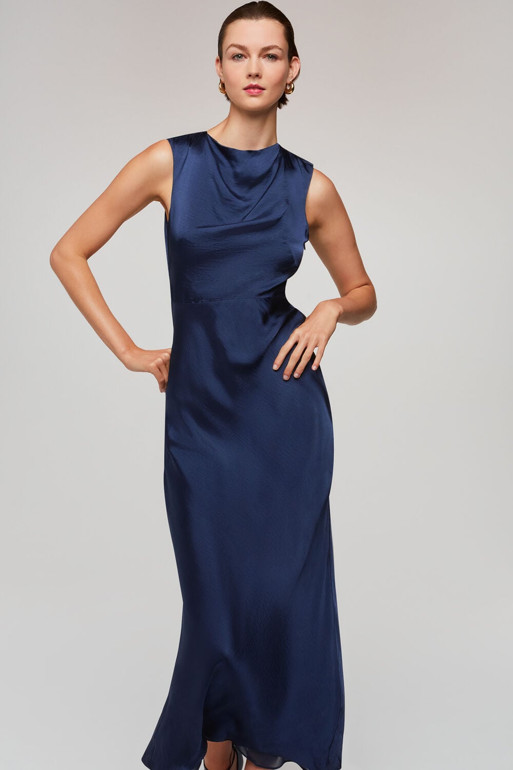 Navy Cowl Neck Satin Maxi Dress