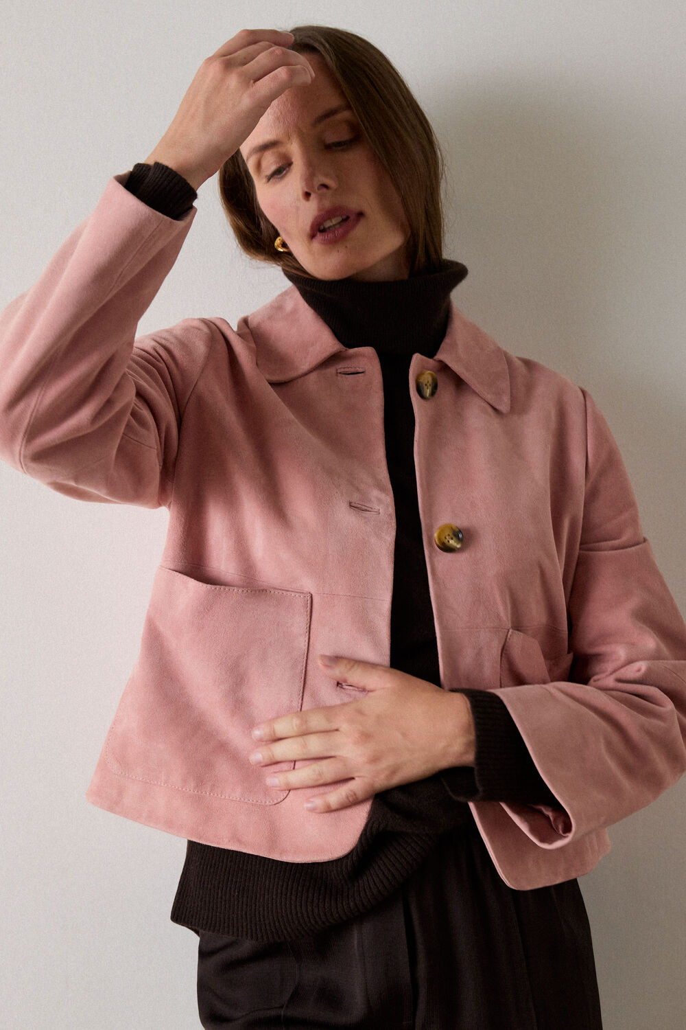 Pink Button Cropped Suede Jacket