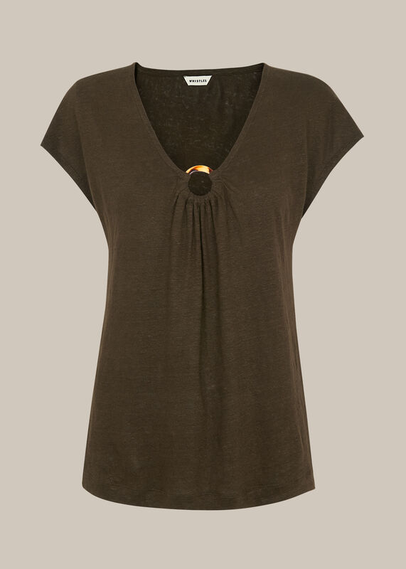 Khaki Tort Ring Linen Top