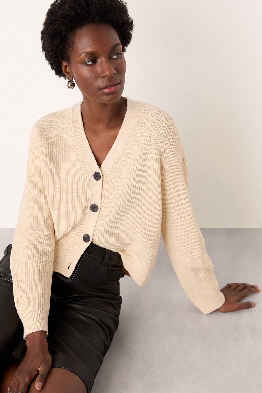 Ivory V Neck Cotton Cardigan