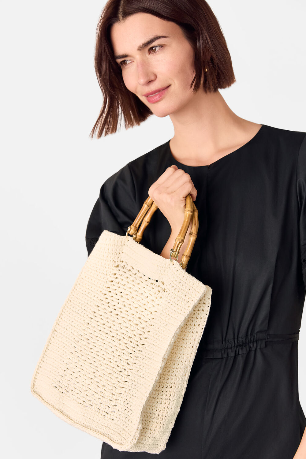 Cream Bamboo Handle Crochet Mini Bag