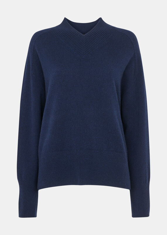 Navy Petite Cashmere V Neck Sweater