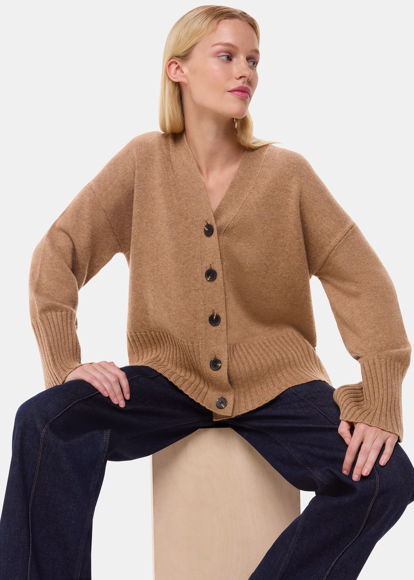 Camel Cashmere Blend Ribbed Cardigan | WHISTLES | Whistles US |