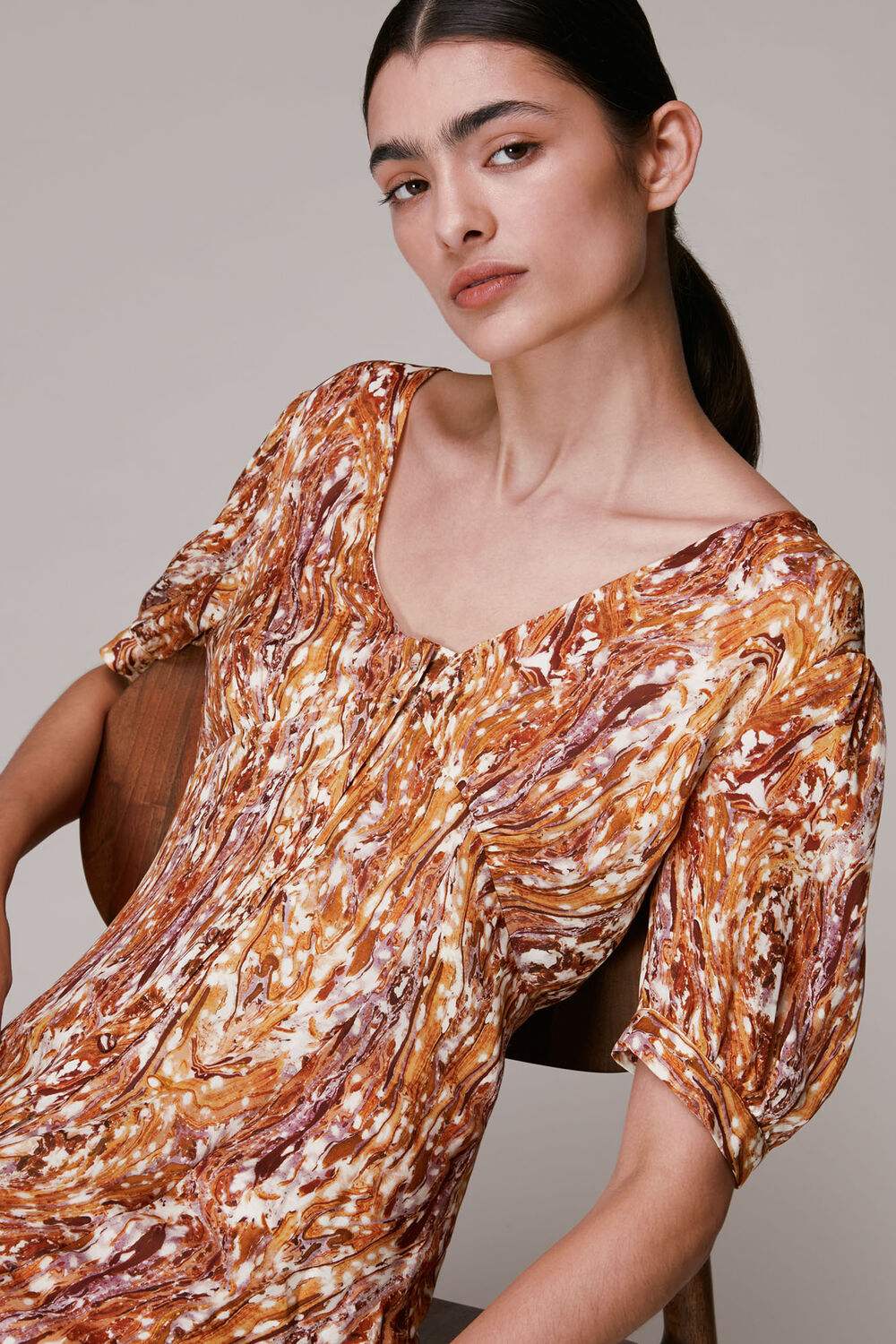 Marble Print Silk Midi Dress