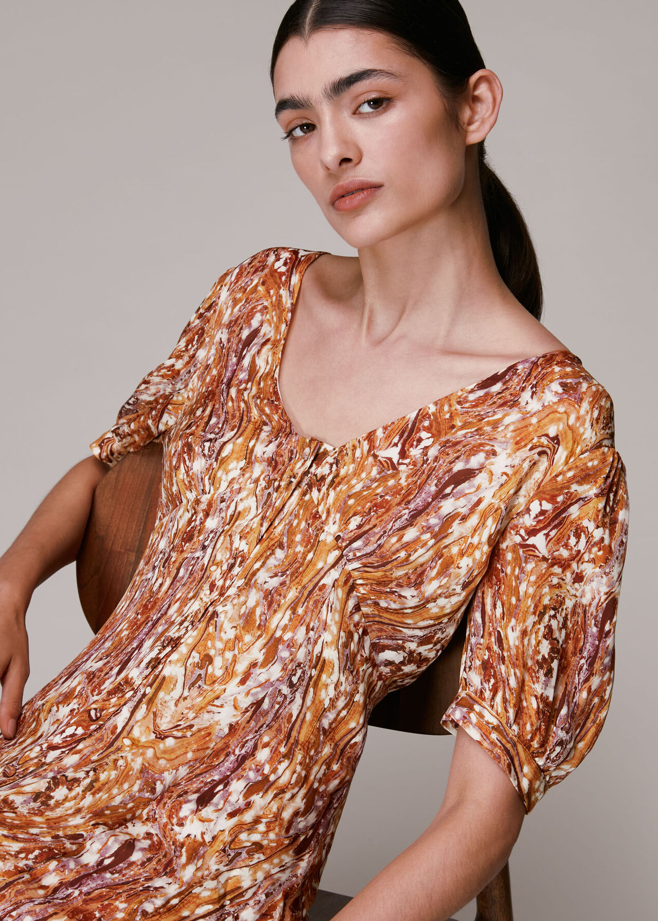 Marble Print Silk Midi Dress